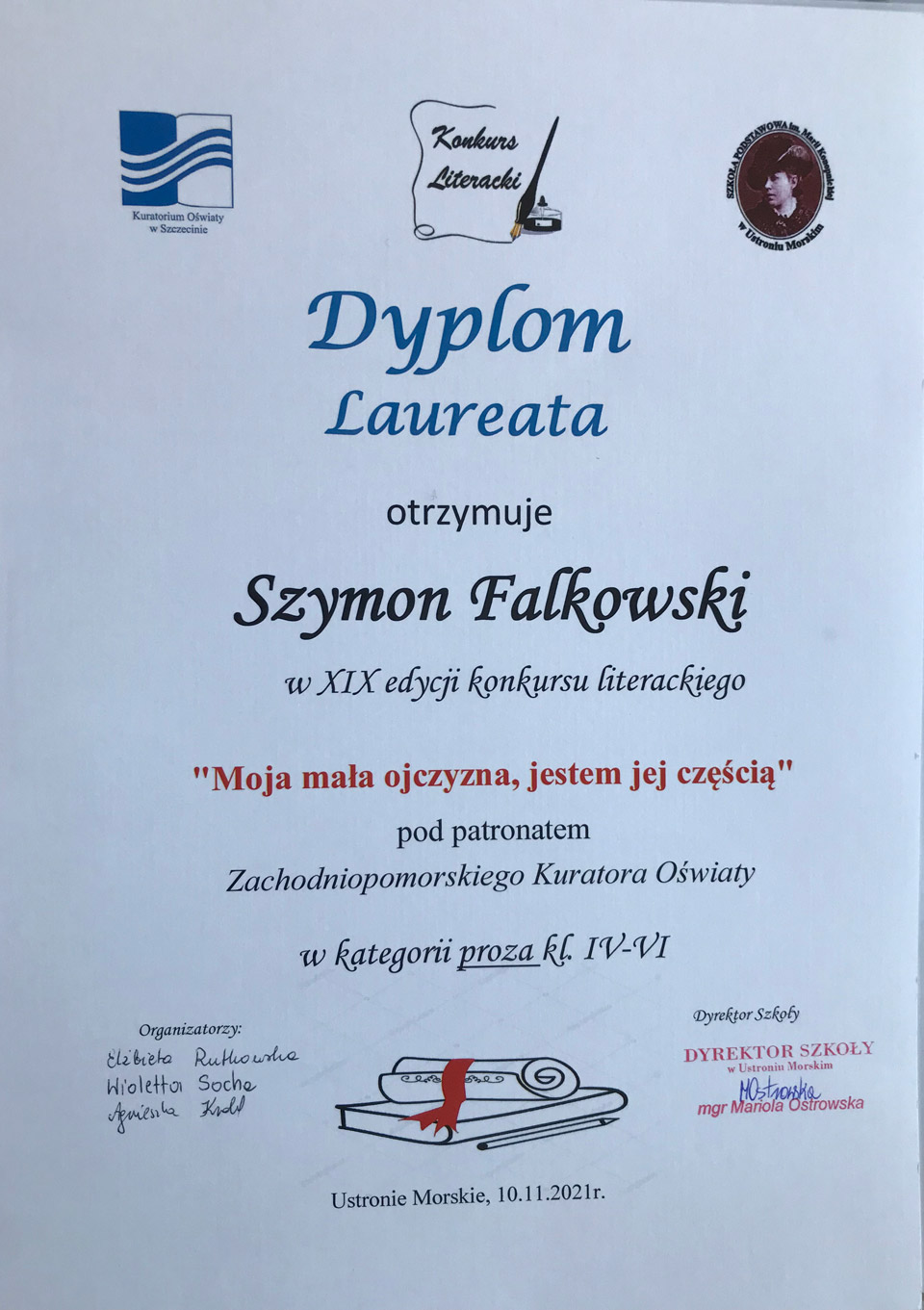 Grafika dyplom Szymona Falkowskiego- laureata konkursu literackiego