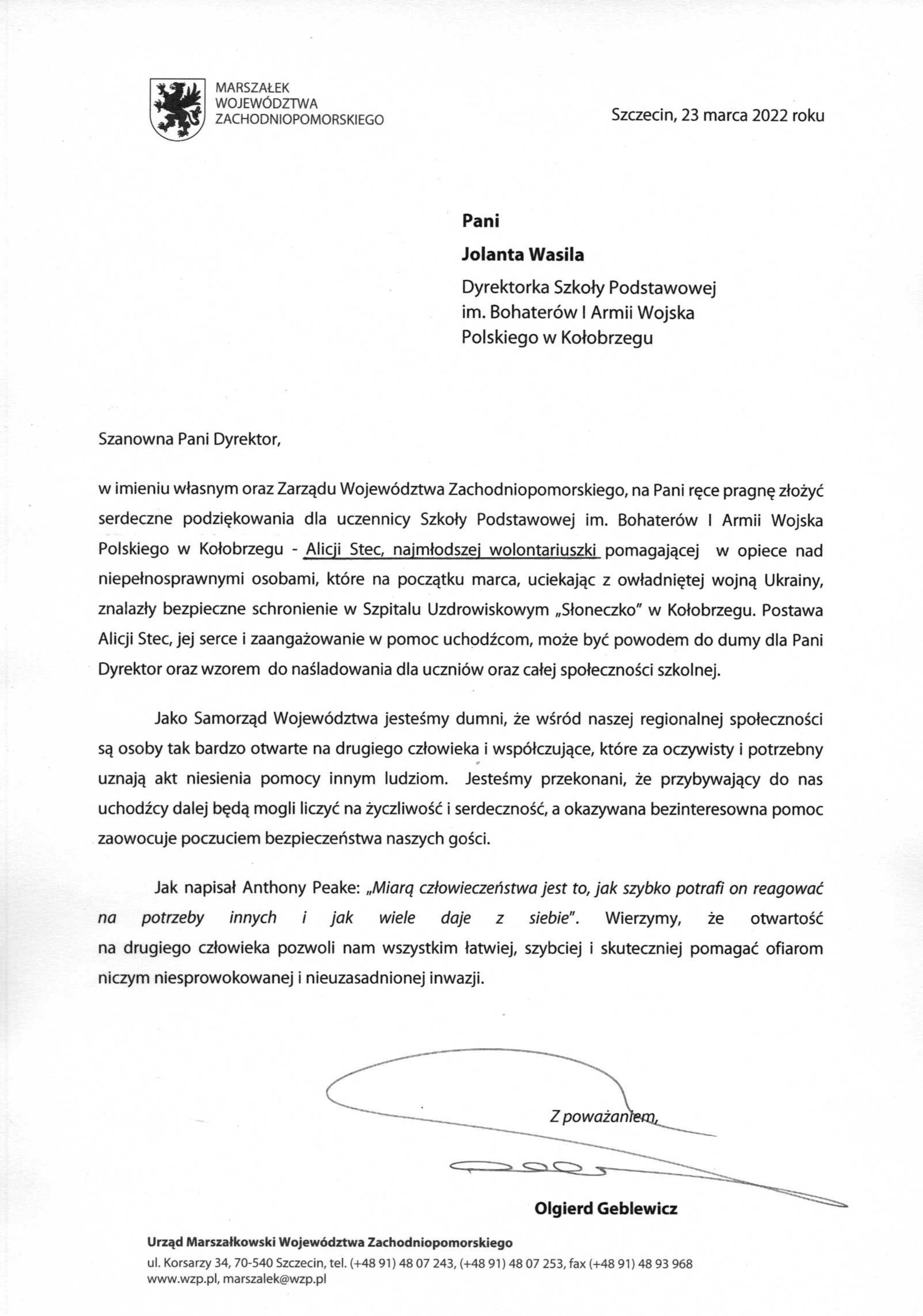 list gratulacyjny od od Marszałka Województwa Zachodniopomorskiego