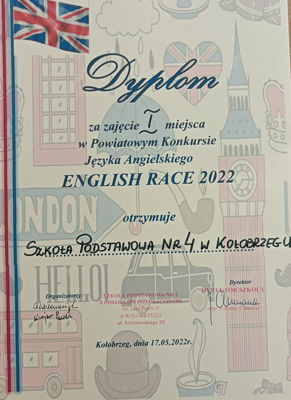 Grafika przedstawia dyplom za zajęcie I miejsca  w XVI Powiatowym Konkursie Języka Angielskiego 