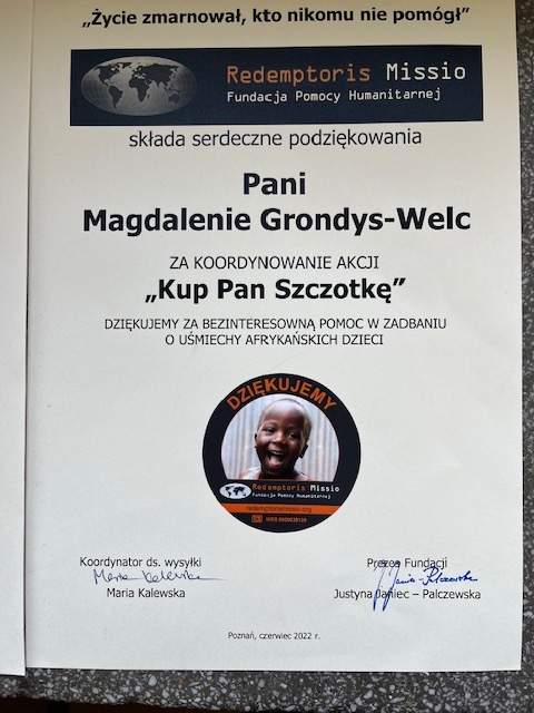 Podziękowanie za udział w akcji dla Magdaleny Grondys-Welc