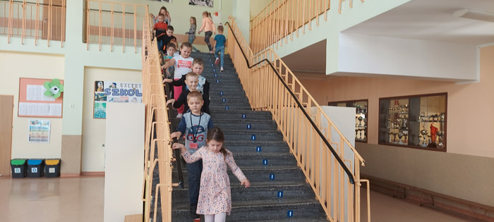 Grafika przedstawia dzieci prezentujące kierunek poruszania sie na hlu szkoły