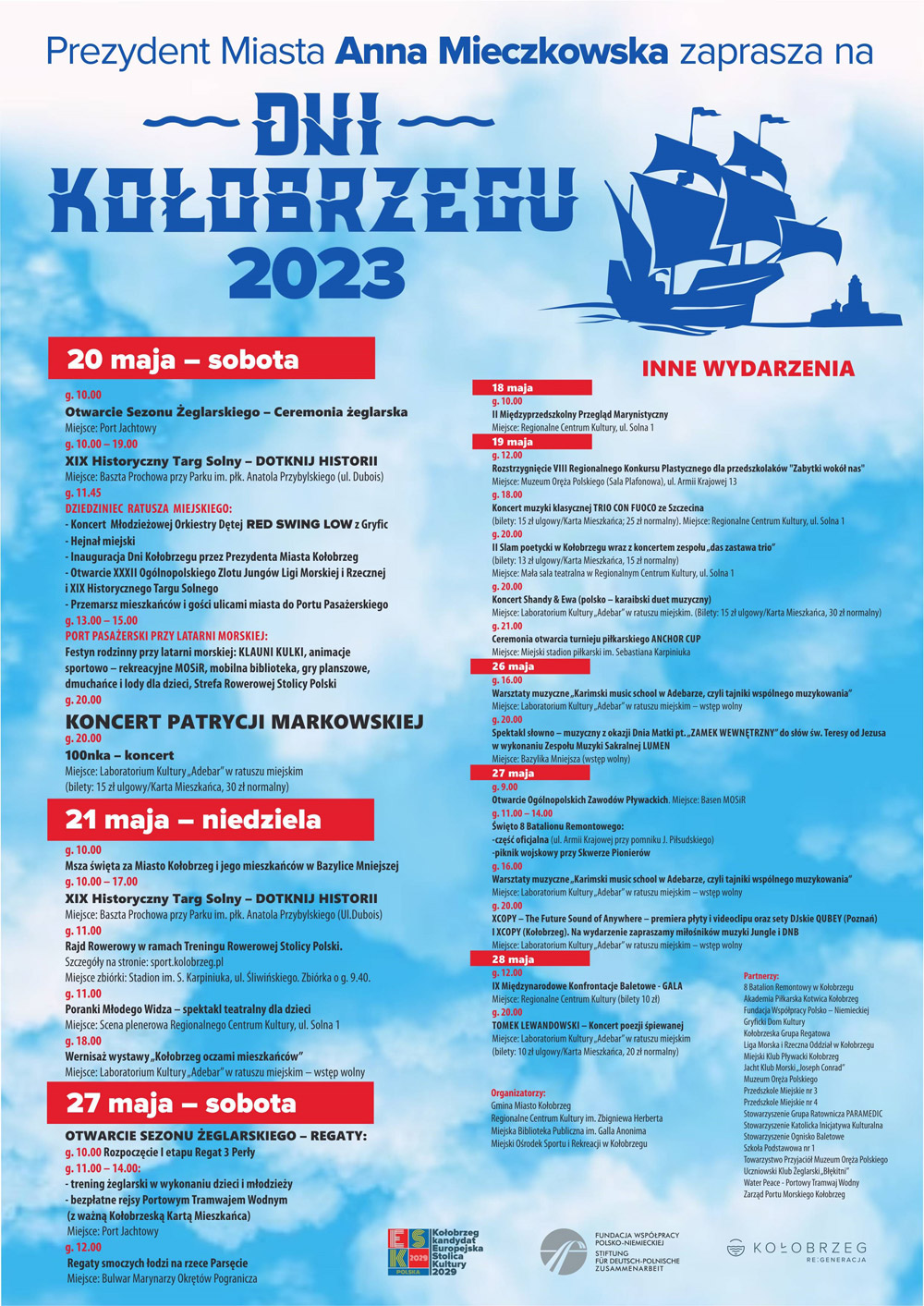 Grafika przedstawia plakat z okazji Dni Kołobrzegu z programem obchodów