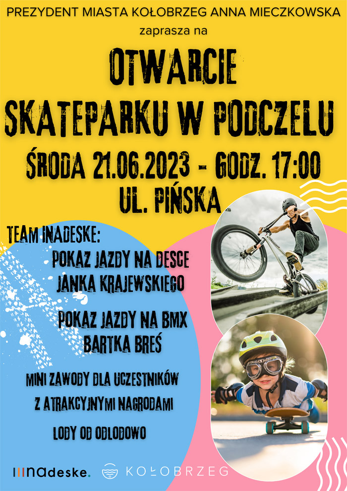Plakat zapraszający na otwarcie skateparku w Podczelu