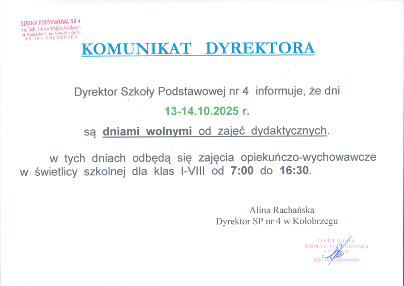 Komunikat dyrektora odnośnie dni wolnych 13-14.10